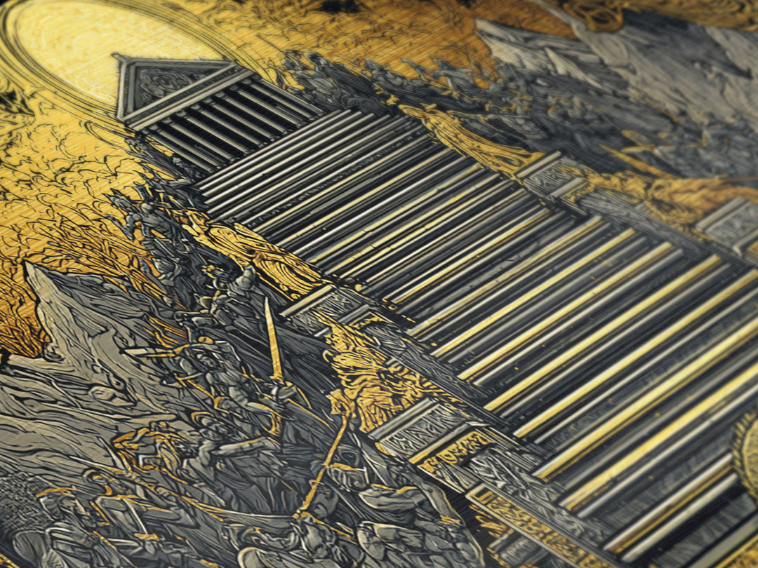 Mythic Battle at Temple Stairs Metallic Gold Art, Epic Fantasy Scene, Heroic Warriors and Gods, Dramatic Home Wall Decor