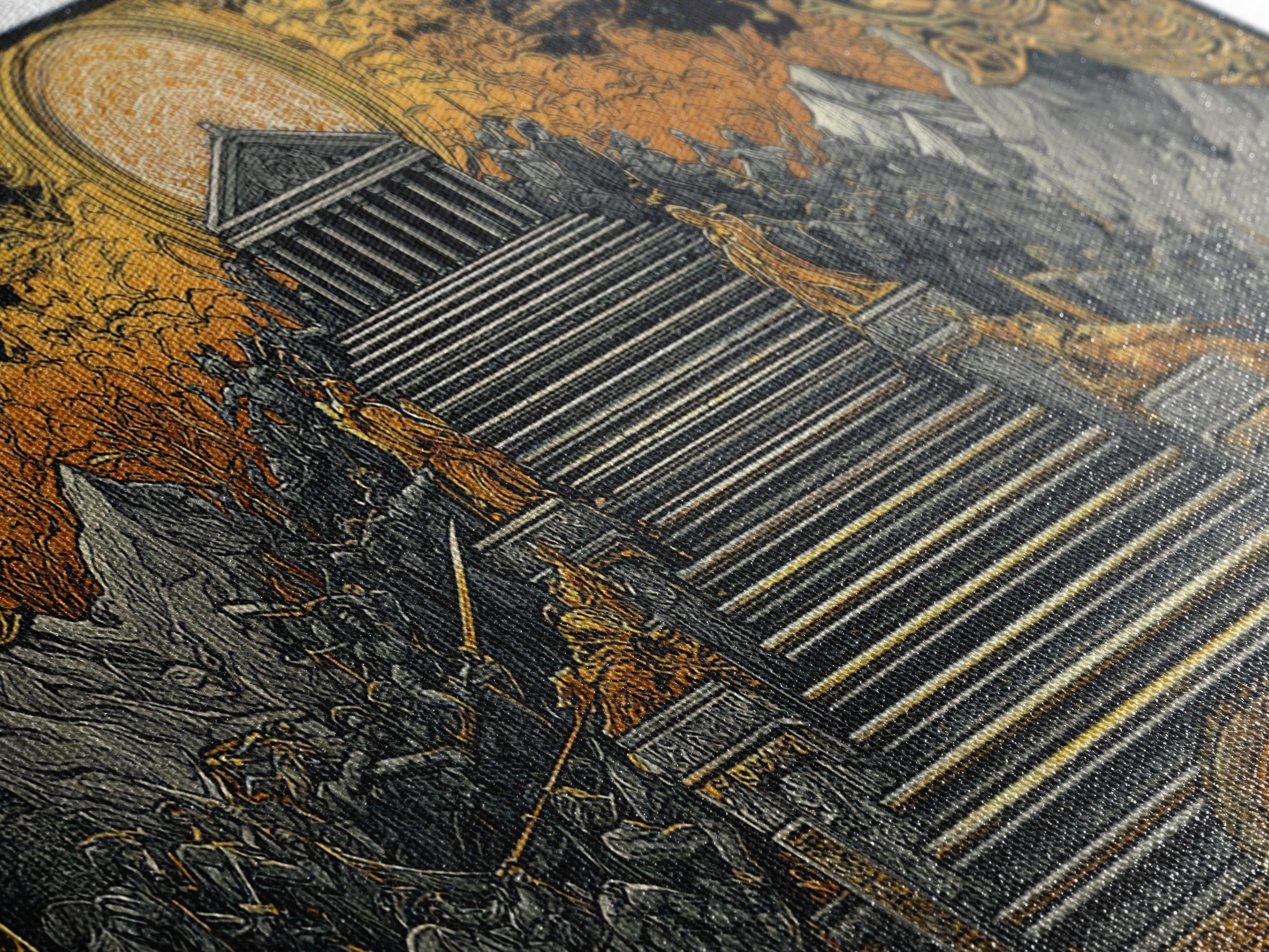 Mythic Battle at Temple Stairs Gold Canvas Art, Epic Fantasy Scene, Heroic Warriors and Gods, Dramatic Home Wall Decor