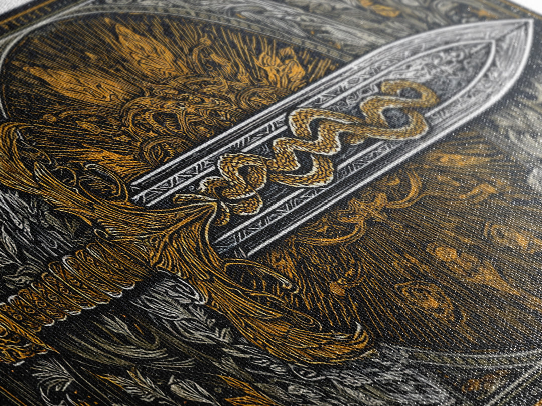Intricate Sword with Serpent Design Gold Canvas Art, Fantasy Weapon Illustration, Ornate Blade Wall Decor for Collectors