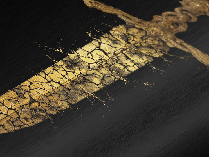 Cracked Ancient Sword Metallic Gold Metal Print, Legendary Fantasy Weapon, Weathered Epic Blade, Gothic Home Wall Art