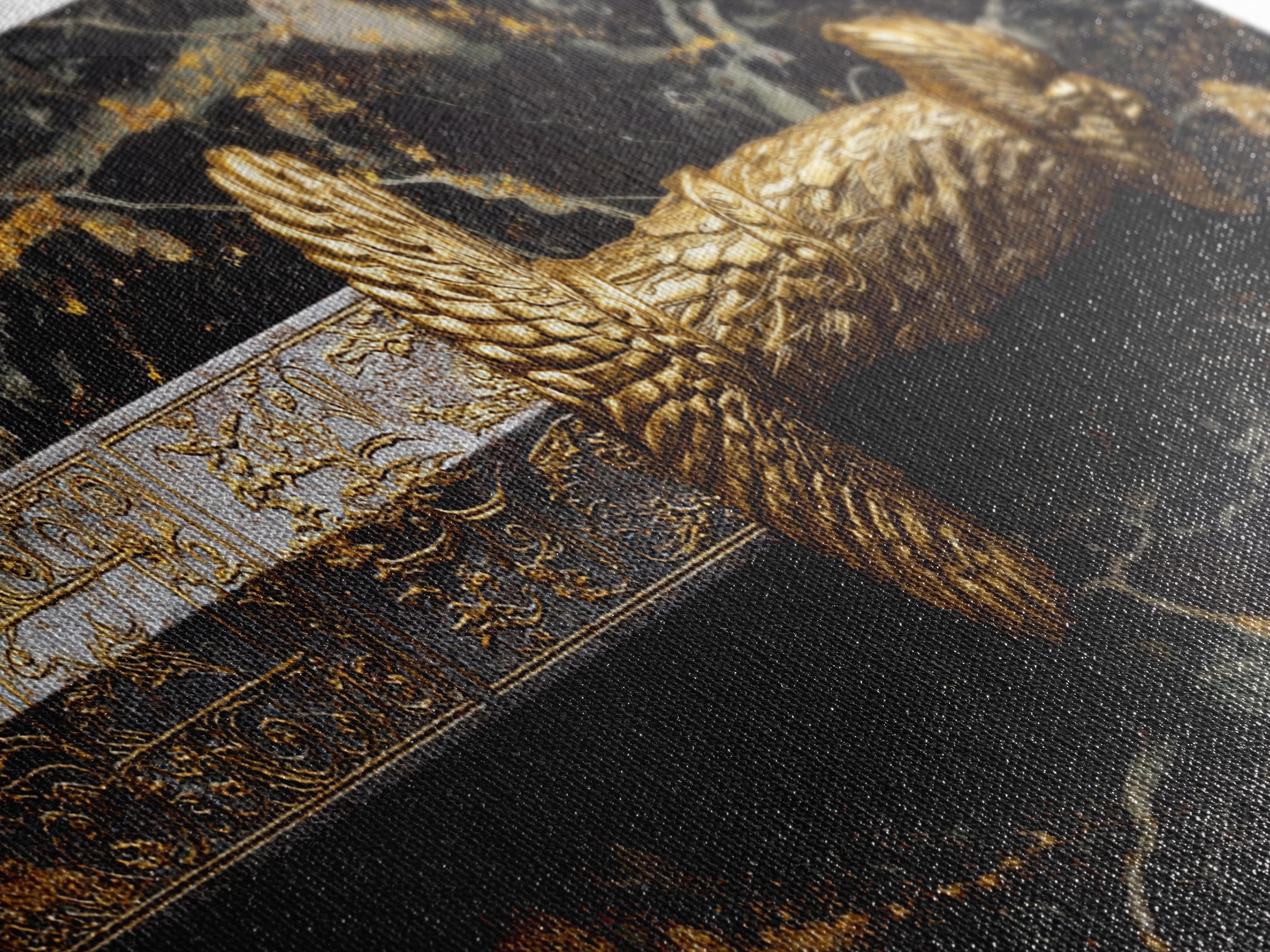Golden Sword Hilt with Lion Design Gold Canvas Art, Ornate Weapon Photography, Luxurious Warrior Decor, Classical Battle Theme