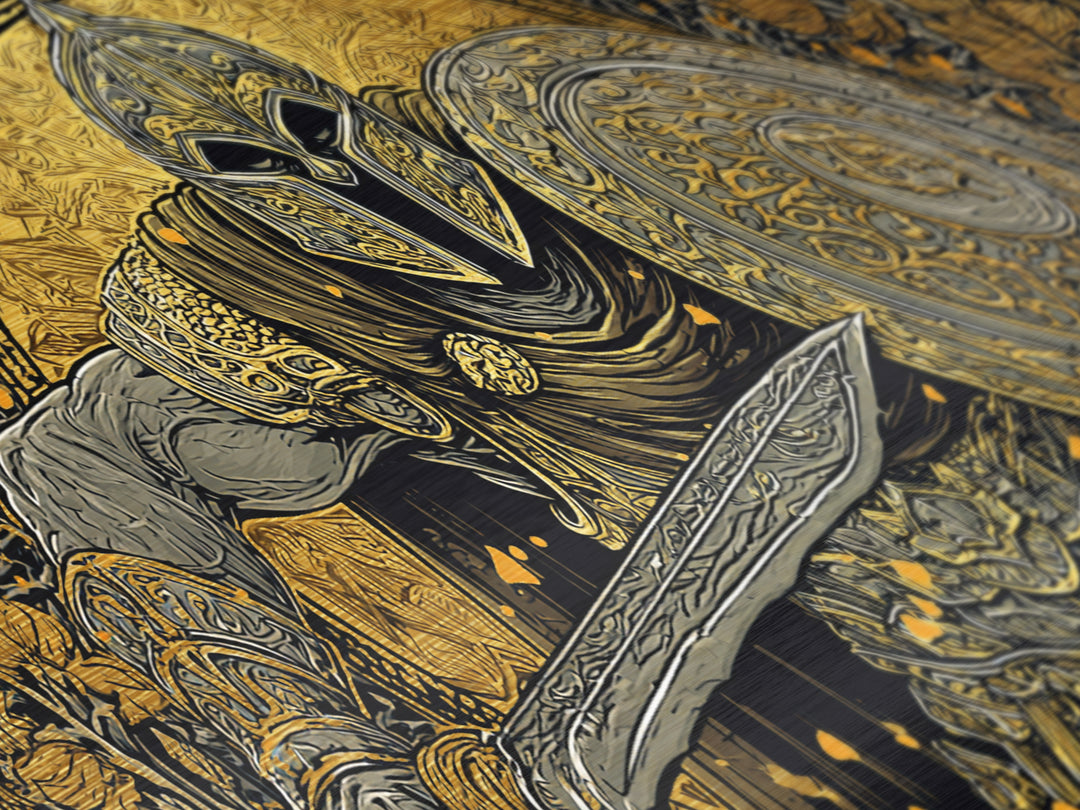 Ancient Greek Warrior With Sword And Shield, Intricate Armor Design, Metallic Gold Metal Print, Classical Battle Wall Art