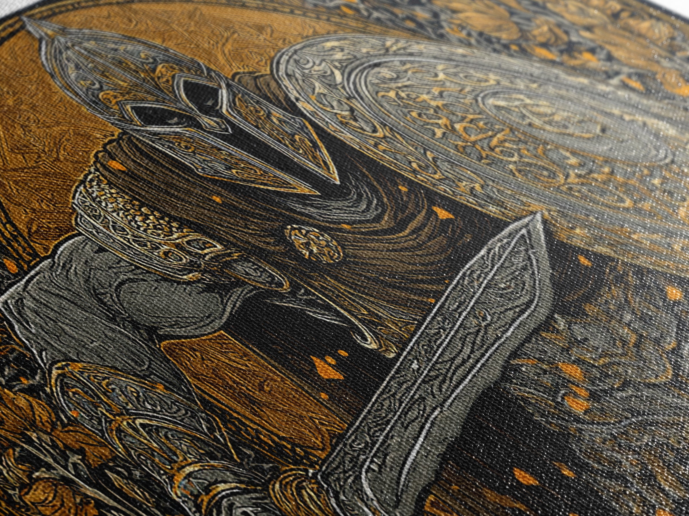 Ancient Greek Warrior With Sword And Shield, Intricate Armor Design, Gold Canvas Print, Classical Battle Wall Art