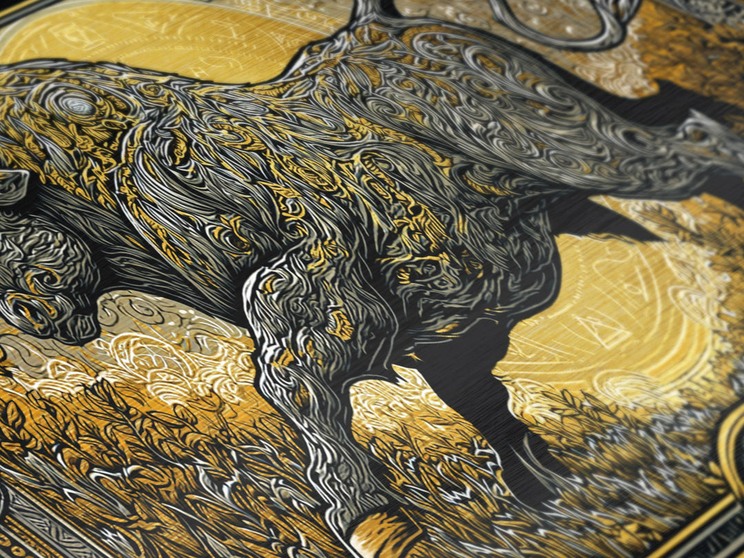 Golden Bull In Ornate Frame, Metallic Gold Art, Real Wood Frame, Symbolic Animal Wall Decor, Strength And Power