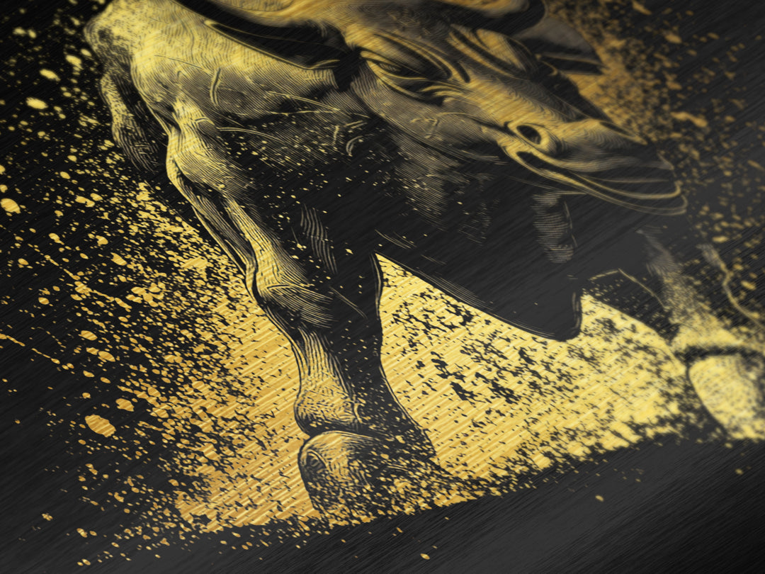 Charging Golden Bull, Metallic Gold Metal Print, Real Wood Frame, Dynamic Animal Wall Art, Powerful Bull Illustration