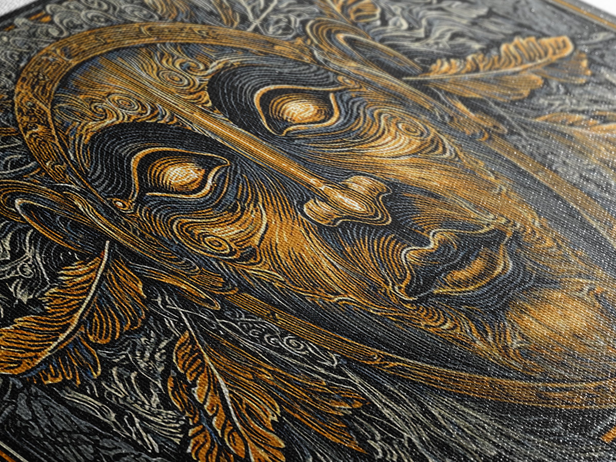 Mythic Sun God Face Artwork, Ornate Leaf And Feather Design, Gold Canvas Print, Ancient Greece Wall Decor, Celestial Art