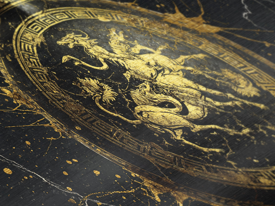 Greek Amphora Mythological Battle Scene, Metallic Gold Art, Ancient Greek Pottery Design, Classic Museum Style Wall Decor Print