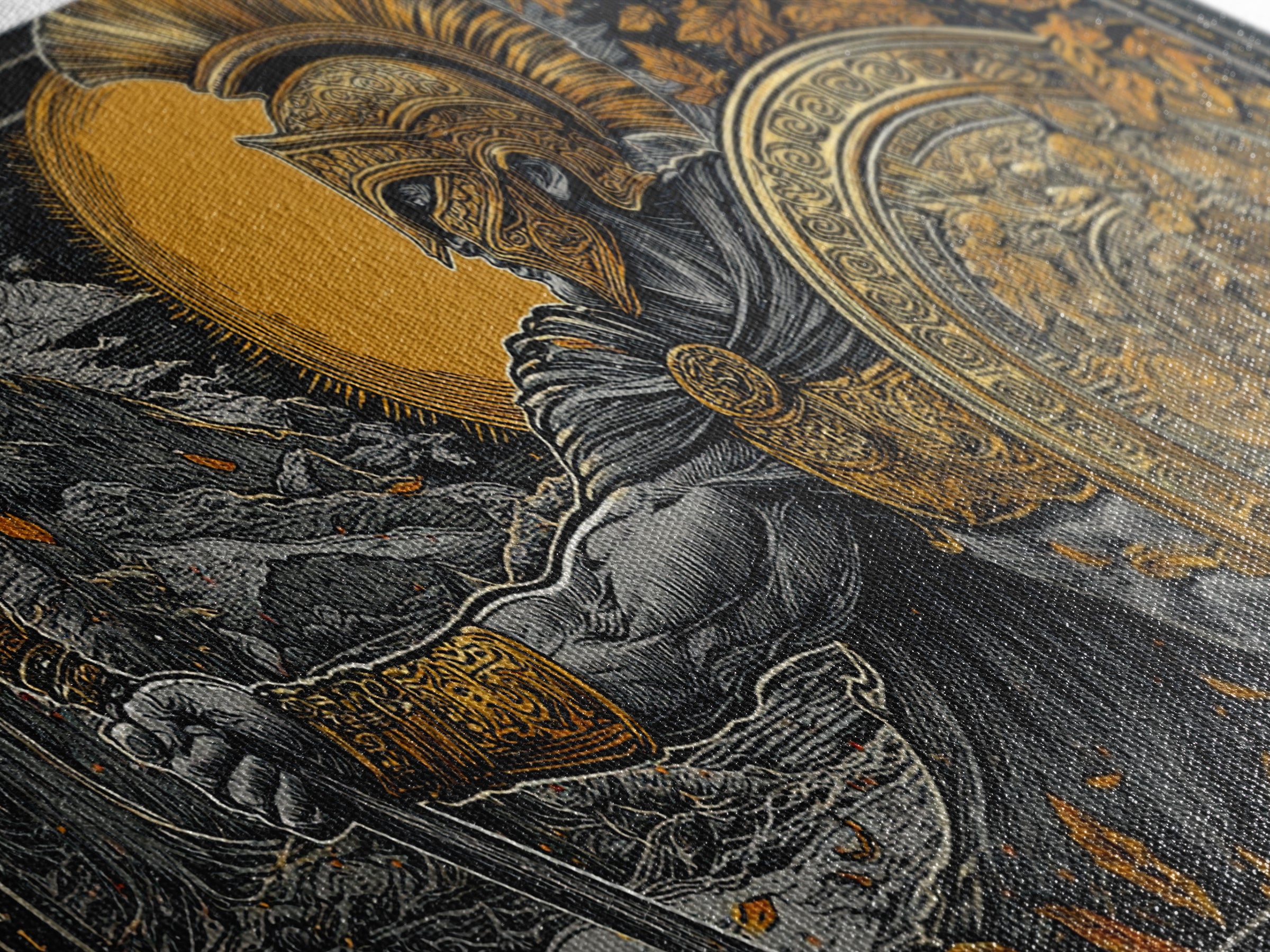 Ares Greek Warrior God With Spear And Shield, Gold Canvas Art, Heroic Mythological Wall Decor, Luxury Classical Home Accent
