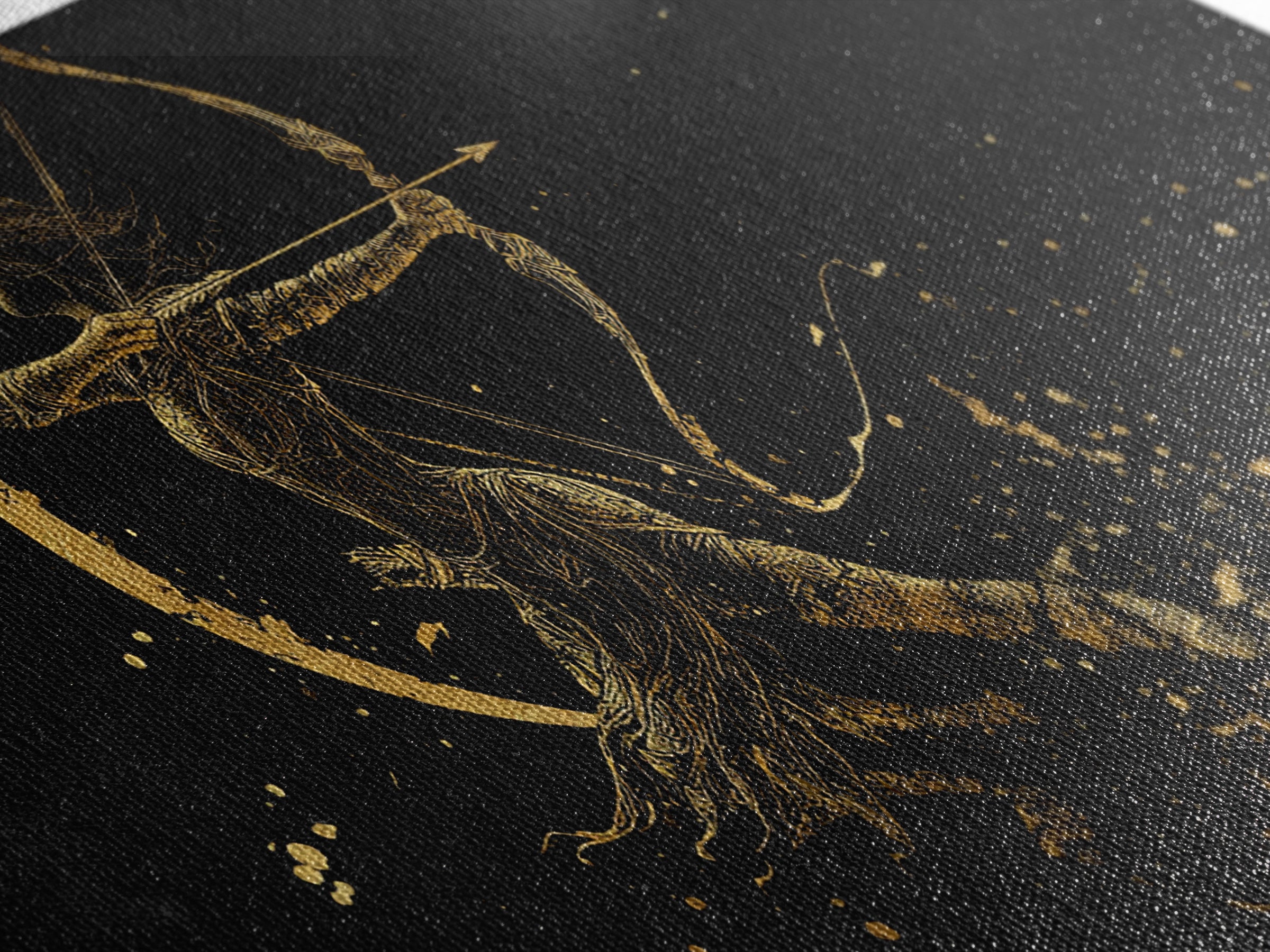 Gold Canvas Art Of Artemis Greek Goddess Archer, Black Background, Elegant Moon And Bow Design, Panoramic Mythology Wall Art