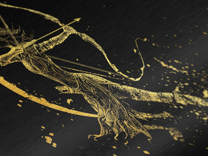 Metallic Gold Art Of Artemis Greek Goddess Archer, Black Background, Elegant Moon And Bow Design, Panoramic Mythology Wall Art