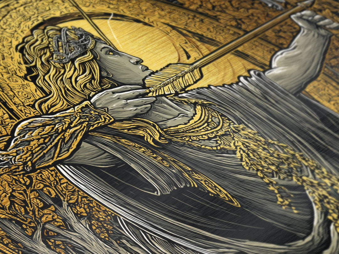 Metallic Gold Art Of Artemis Greek Goddess Archer, Classical Ornate Frame, Mythological Forest Scene, Panoramic Greek Wall Print