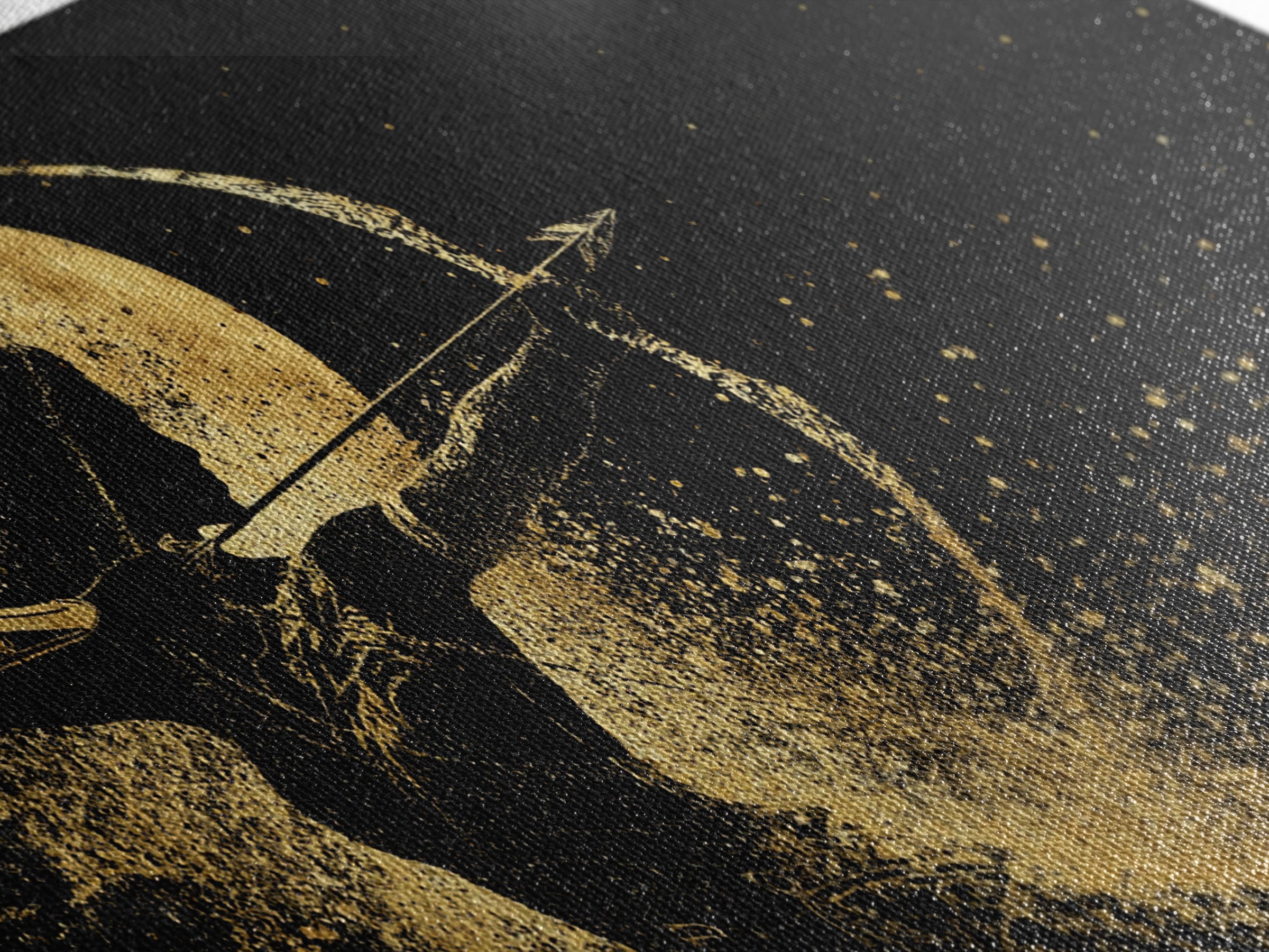 Gold Canvas Print Of Artemis Greek Goddess Archer, Full Moon Silhouette, Gold Splatter Effect, Panoramic Elegant Wall Art