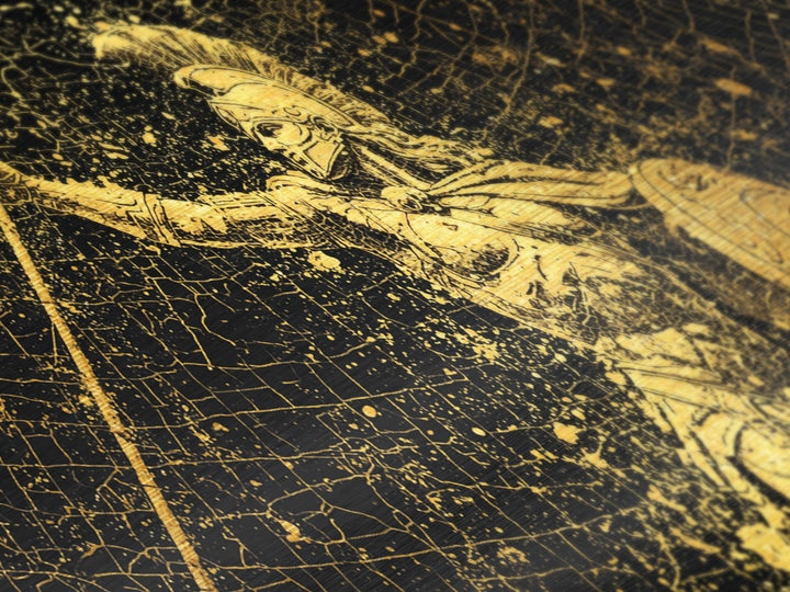 Metallic Gold Art Of Athena Greek Goddess Warrior, Ancient Greek Armor And Spear, Gold Splatter Mosaic, Panoramic Battle Wall Print
