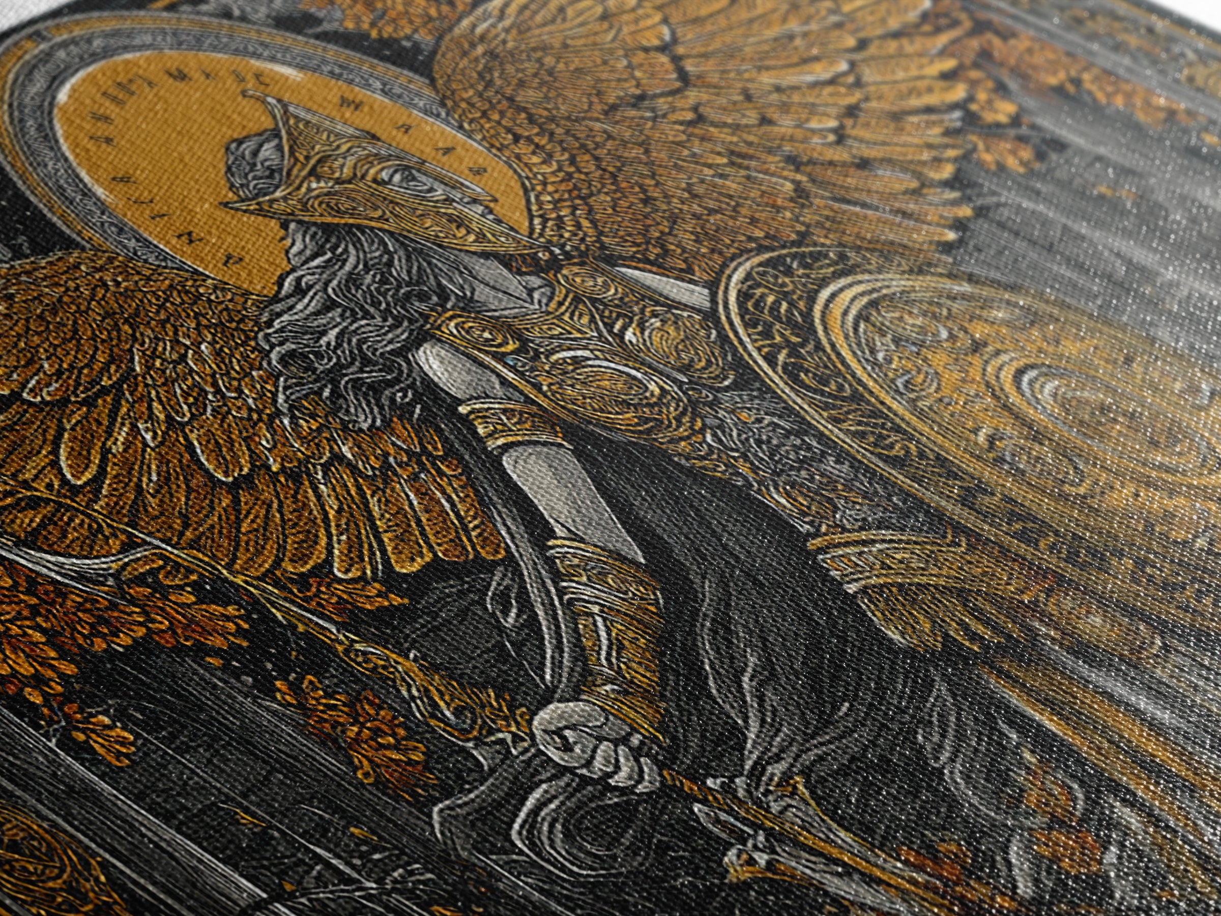 Gold Canvas Art Of Athena Greek Goddess Warrior With Wings, Detailed Shield And Spear, Golden Forest Scene, Panoramic Wall Print