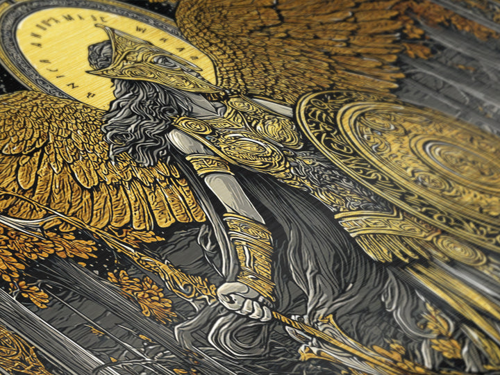Metallic Gold Art Of Athena Greek Goddess Warrior With Wings, Detailed Shield And Spear, Golden Forest Scene, Panoramic Wall Print