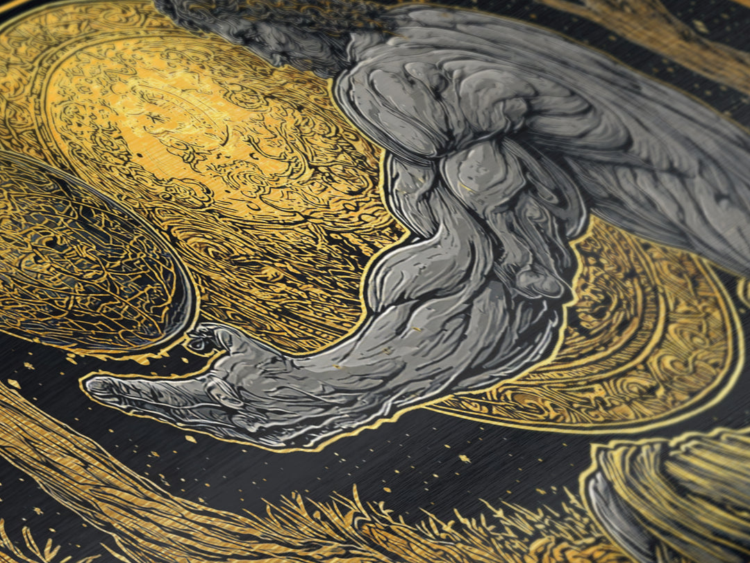 Metallic Gold Metal Print Of Atlas Greek Titan Holding Celestial Sphere, Mythology Cosmic Scene, Panoramic Detailed Greek Wall Art