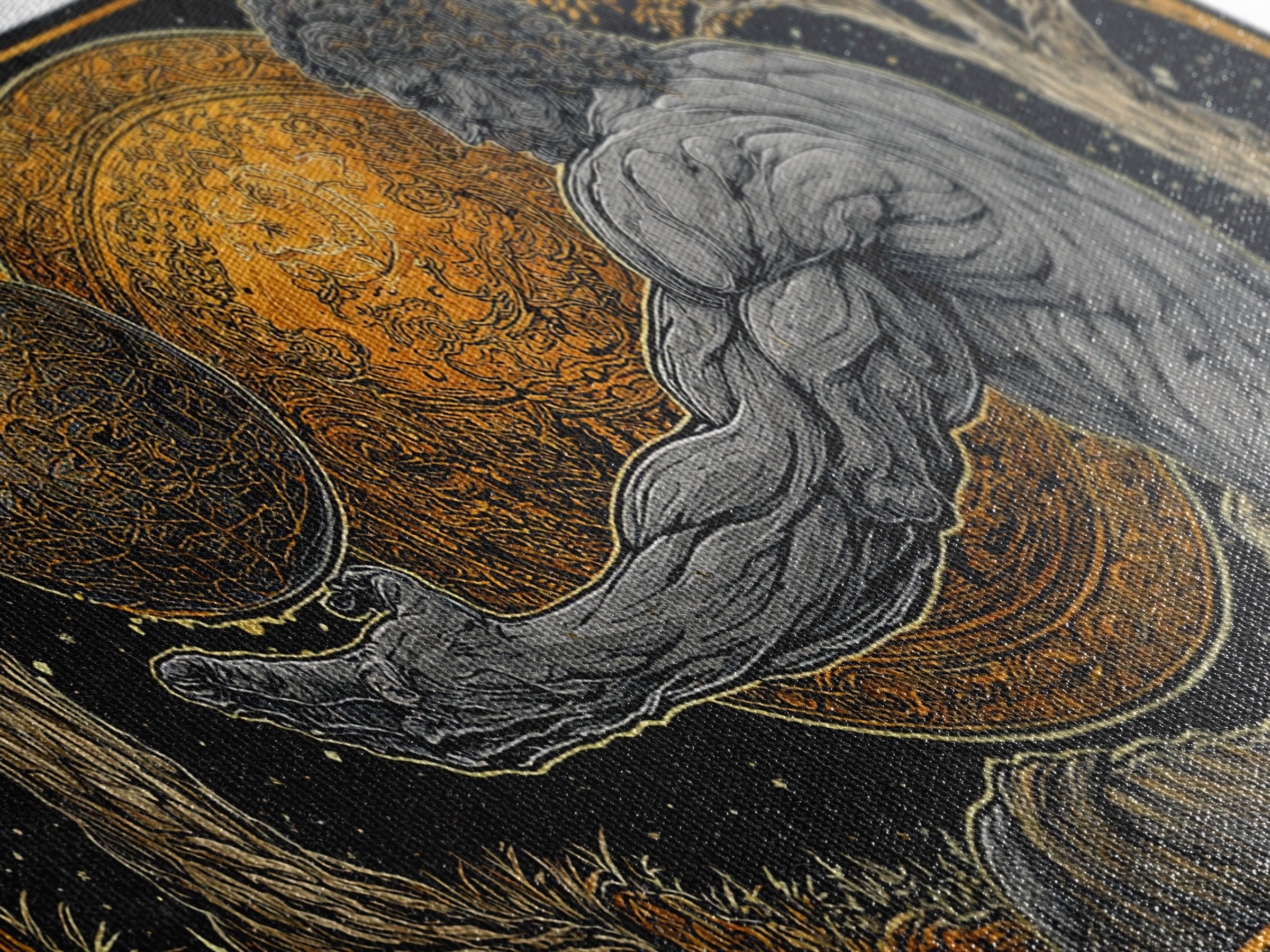 Gold Canvas Print Of Atlas Greek Titan Holding Celestial Sphere, Mythology Cosmic Scene, Panoramic Detailed Greek Wall Art