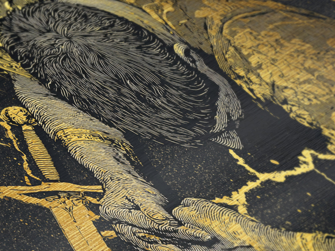 Metallic Gold Metal Print Of Cassius Greek Warrior Kneeling With Sword, Gold Crackle Armor Detail, Panoramic Mythology Wall Artwork