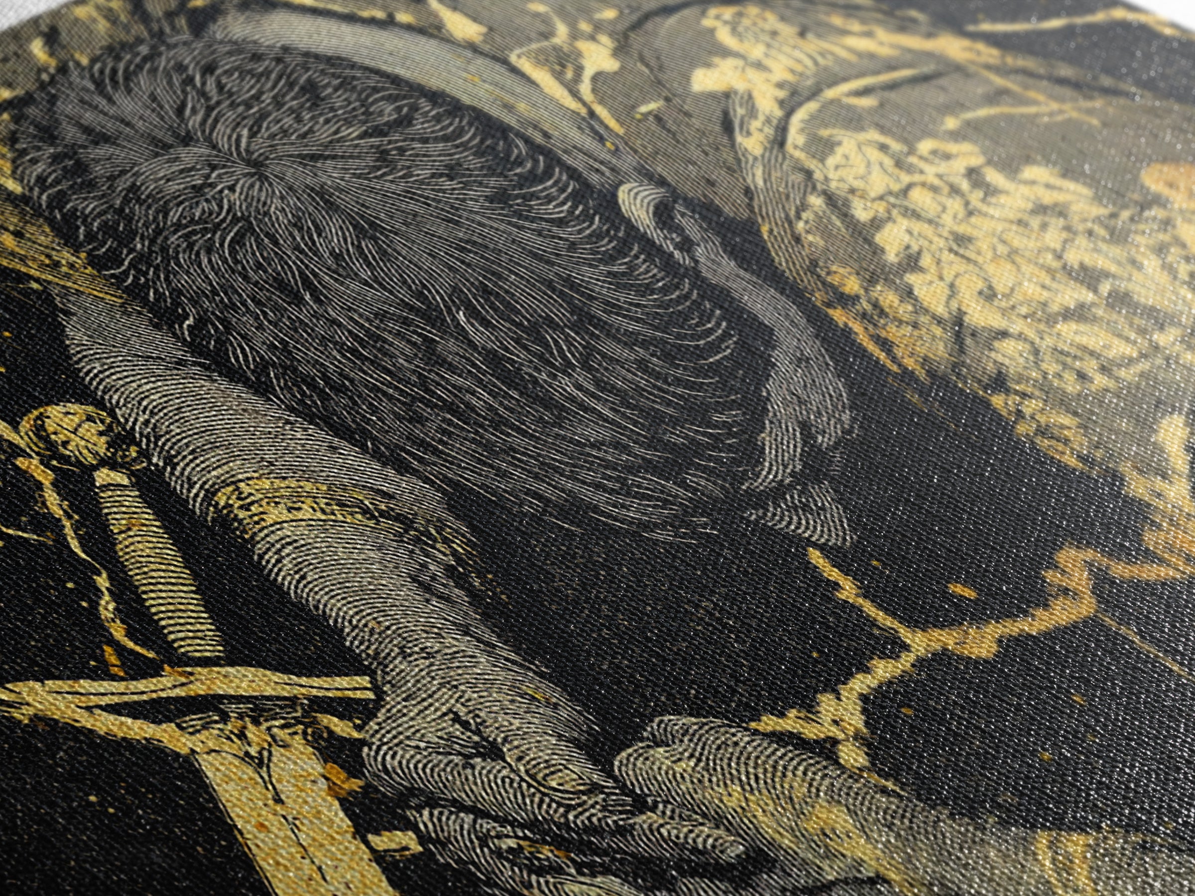 Gold Canvas Print Of Cassius Greek Warrior Kneeling With Sword, Gold Crackle Armor Detail, Panoramic Mythology Wall Artwork