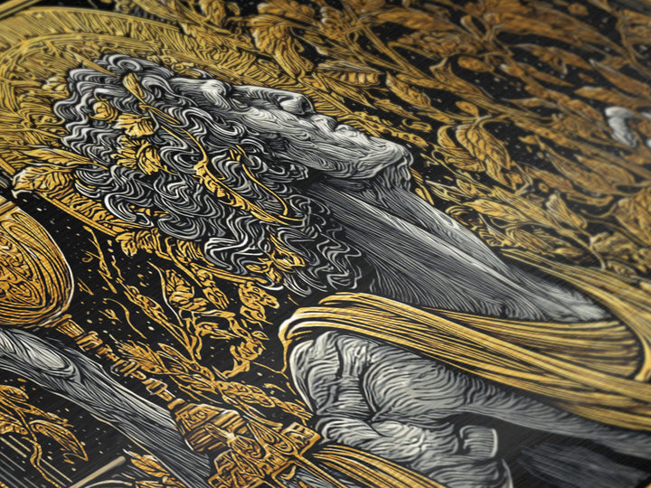 Metallic Gold Art, Dionysus God of Ecstasy, Greek Mythology Wall Scene, Bacchanalia Festival Theme, Black and Gold Metal Wall Print