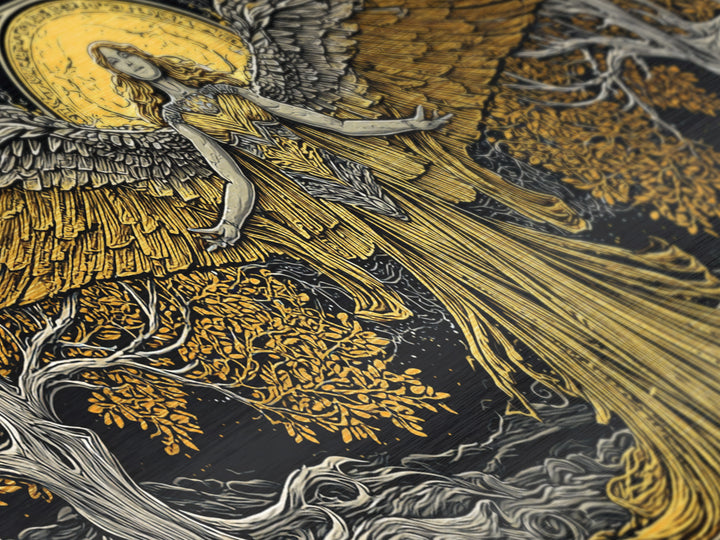 Metallic Gold Metal Print, Eos Goddess of Dawn, Greek Mythology Wall Art, Sunrise Personification Scene, Black and Gold Luxury Decor