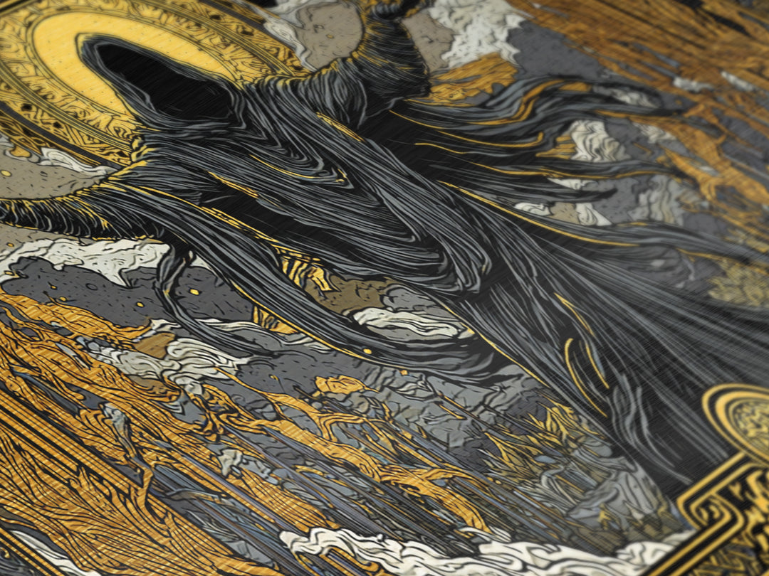 Metallic Gold Art, Erebus God of Darkness, Greek Primordial Deity Wall Scene, Ancient Myth Shadow Theme, Black and Gold Metal Artwork