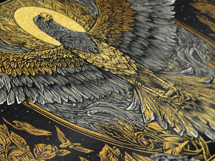 Ganymede Metallic Gold Art, Greek Mythology Metal Print, Eagle God Wall Decor, Real Wood Frame, Luxury Metal Artwork For Home Or Office