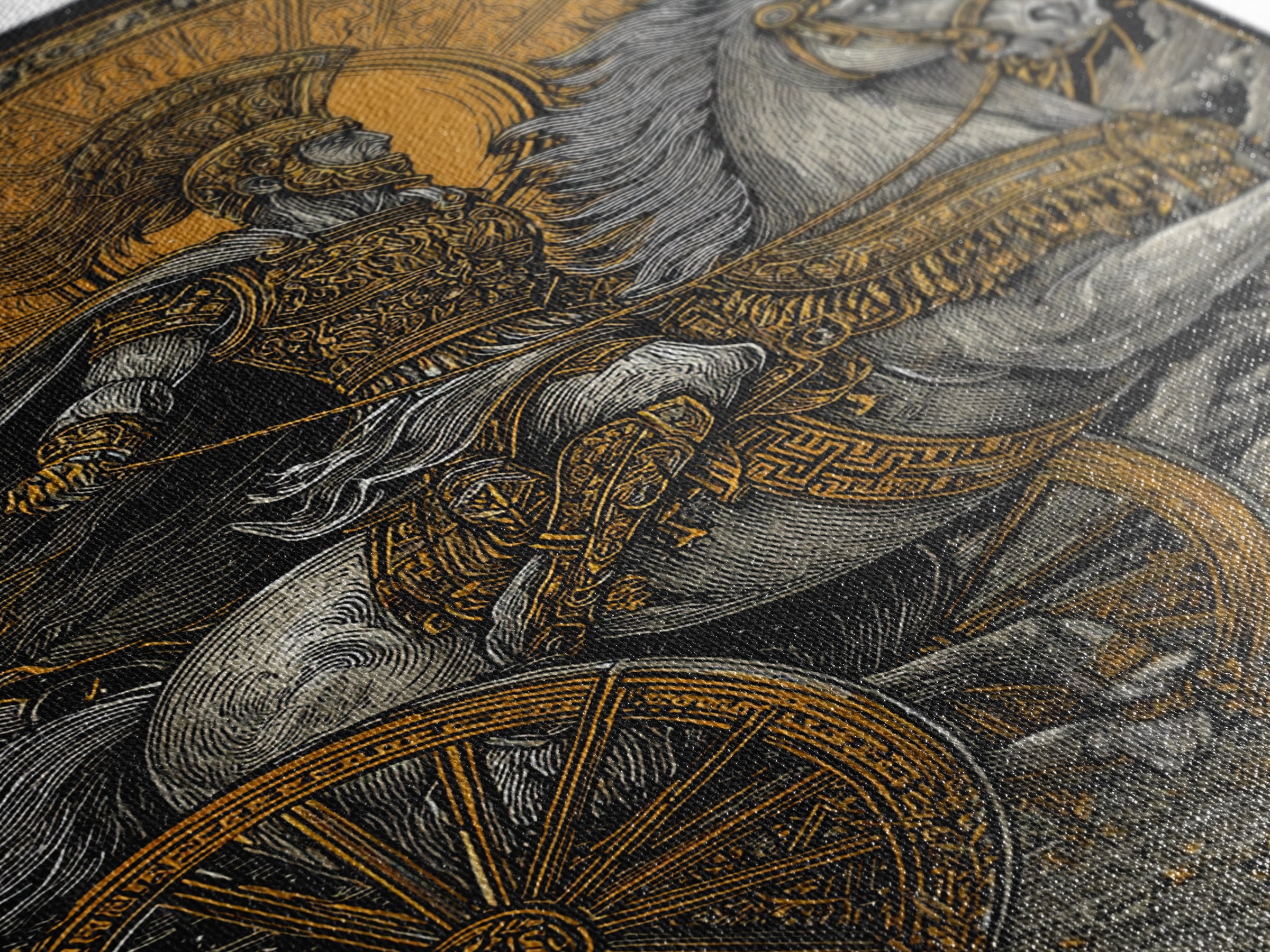 Roman Chariot Warrior with Celestial Disc – Canvas Gold Art Print, Classical Battle Scene Canvas Art, Ancient Rome Wall Decor
