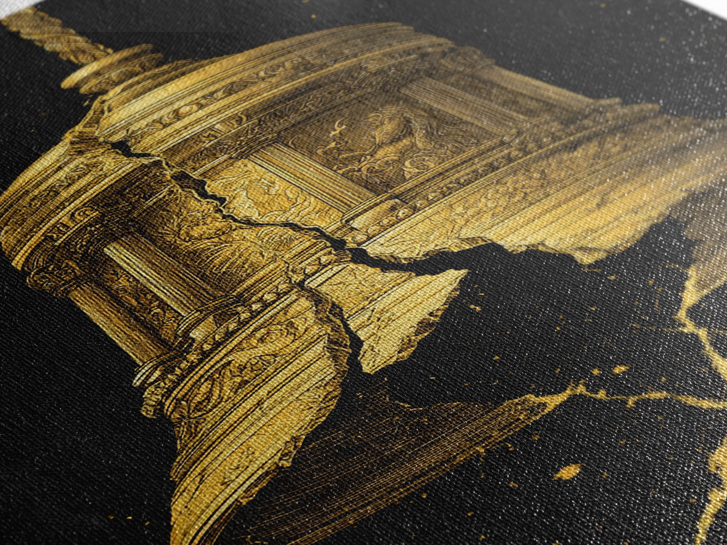 Golden Cracked Bell – Canvas Gold Canvas Print – Ancient Greek Inspired Wall Art with Real Wood Frame for Classical Decor