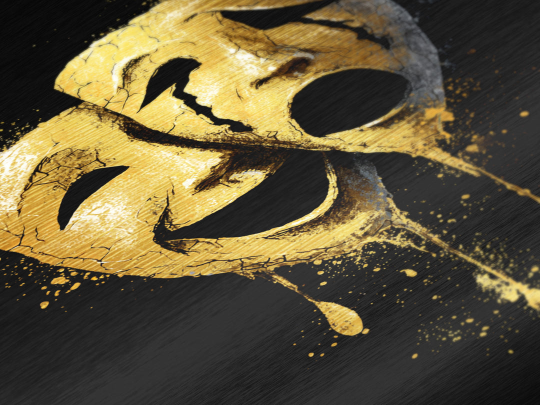Melting Comedy and Tragedy Masks Metallic Gold Metal Print – Emotional Theater Wall Art with Real Wood Frame