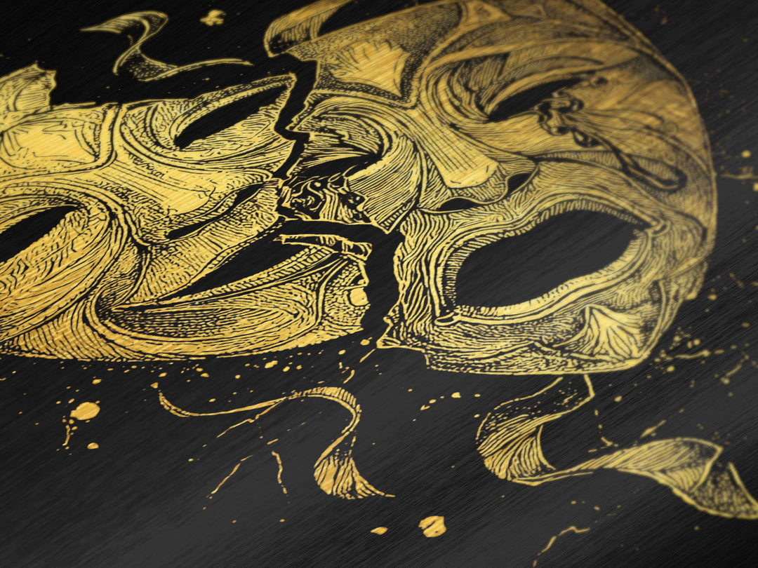 Broken Comedy and Tragedy Masks Metallic Gold Metal Print – Dramatic Greek Theater Wall Art with Real Wood Frame