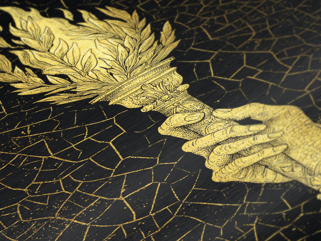 Olympic Flame Hand Holding Torch Metallic Gold Metal Print – Classical Greek Inspired Wall Art with Real Wood Frame