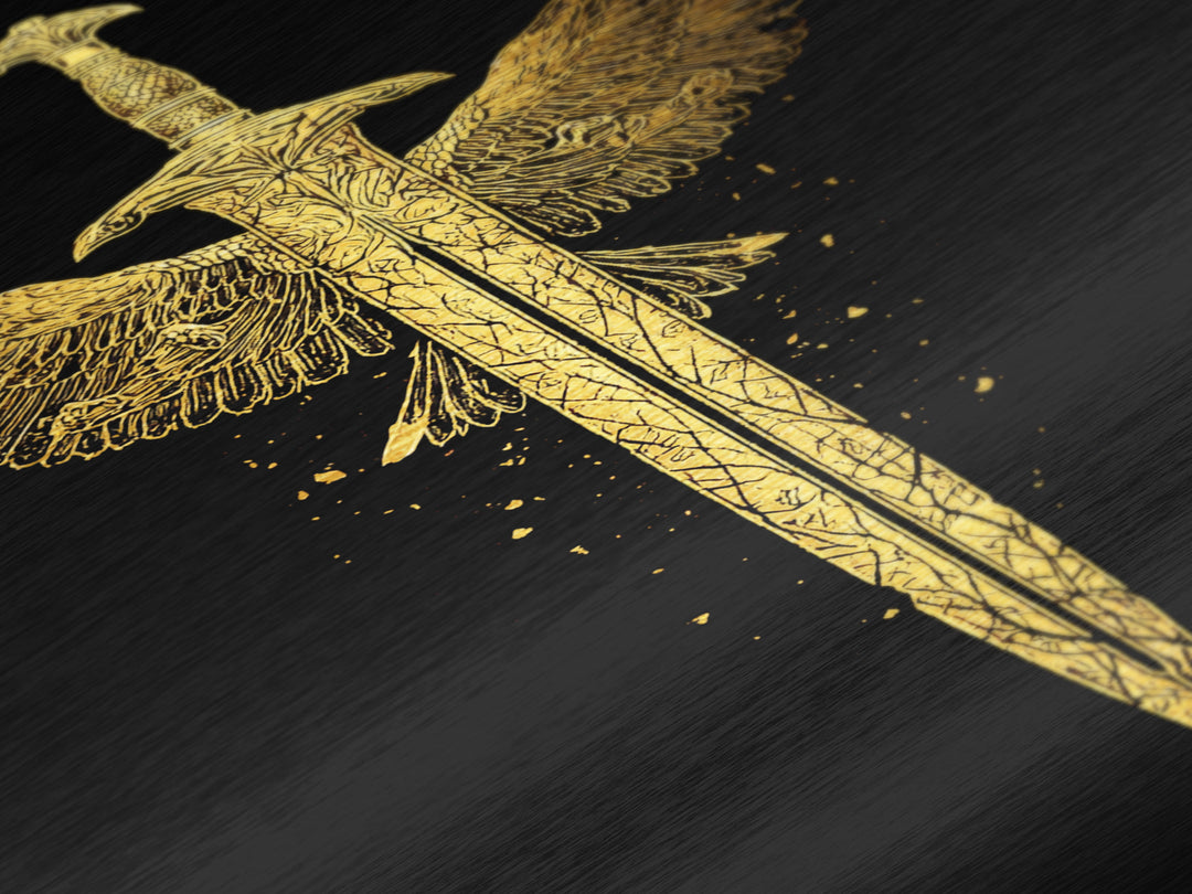 Winged Sword Metallic Gold Metal Print – Mythical Fantasy Weapon Wall Art with Real Wood Frame for Home Decor
