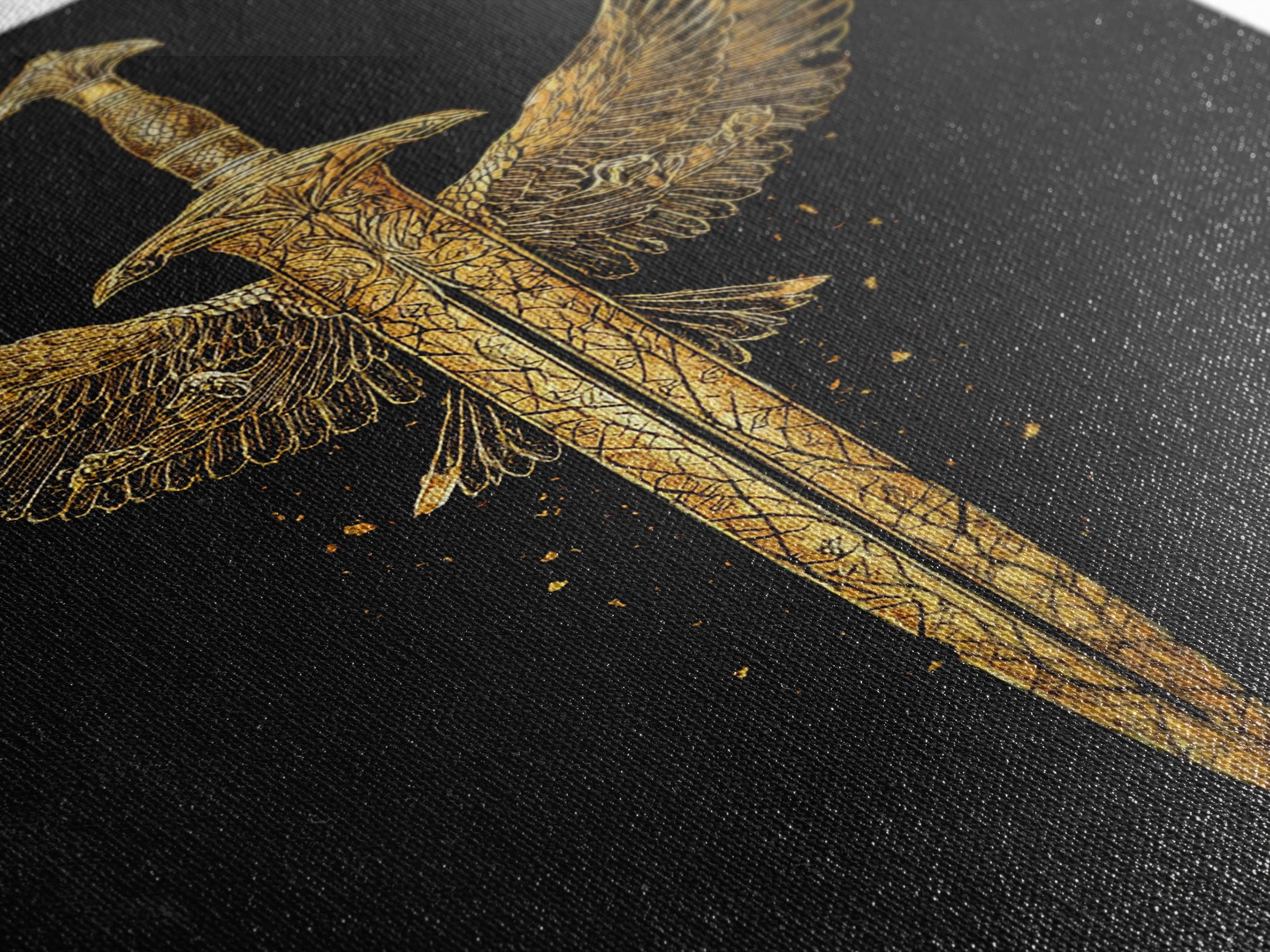 Winged Sword Canvas Gold Canvas Print – Mythical Fantasy Weapon Wall Art with Real Wood Frame for Home Decor
