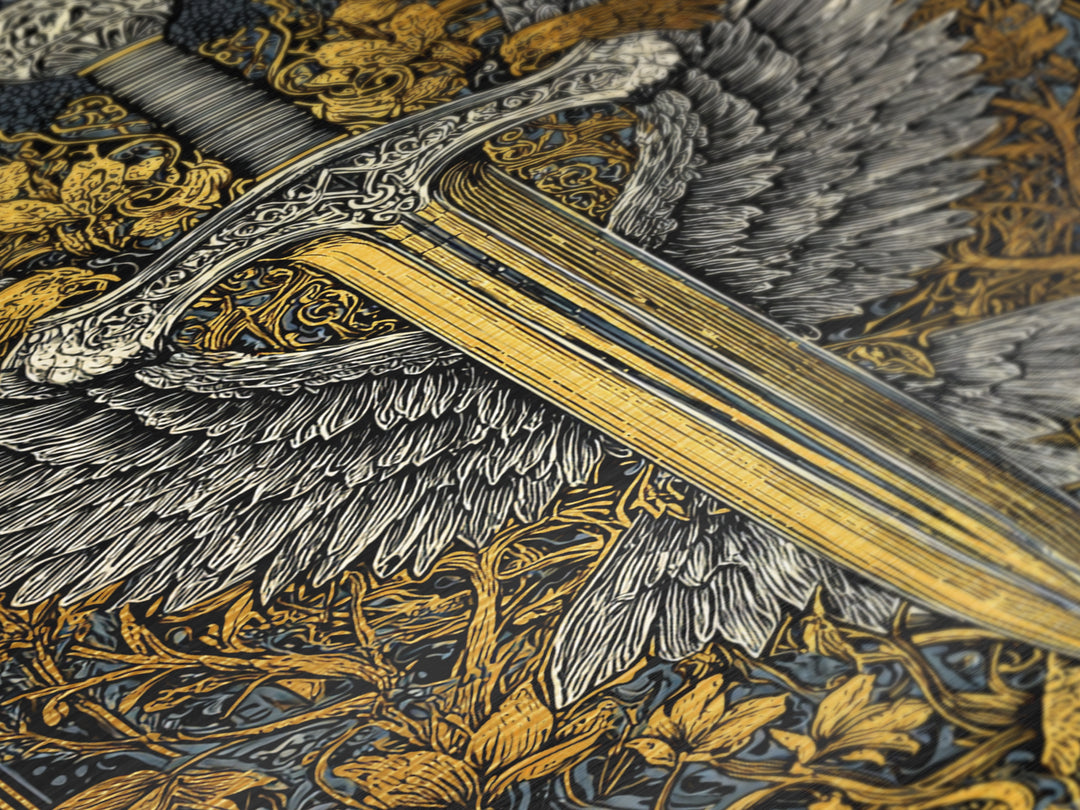Winged Sword Metallic Gold Metal Print – Intricate Medieval Blade with Angel Wings Design, Real Wood Frame Wall Art