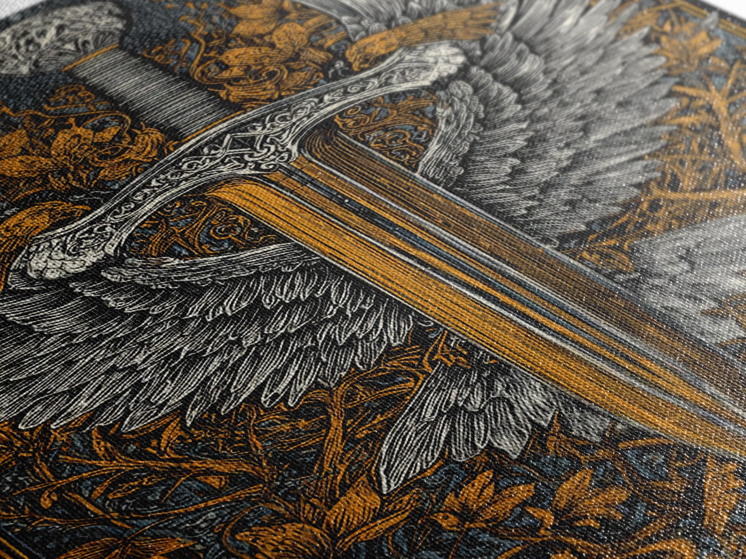 Winged Sword Canvas Gold Canvas Print – Intricate Medieval Blade with Angel Wings Design, Real Wood Frame Wall Art
