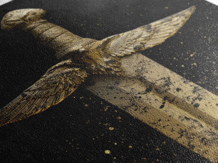 Golden Eagle Sword Canvas Gold Art – Ornate Medieval Blade with Spreading Wings, Real Wood Frame Warrior Home Décor