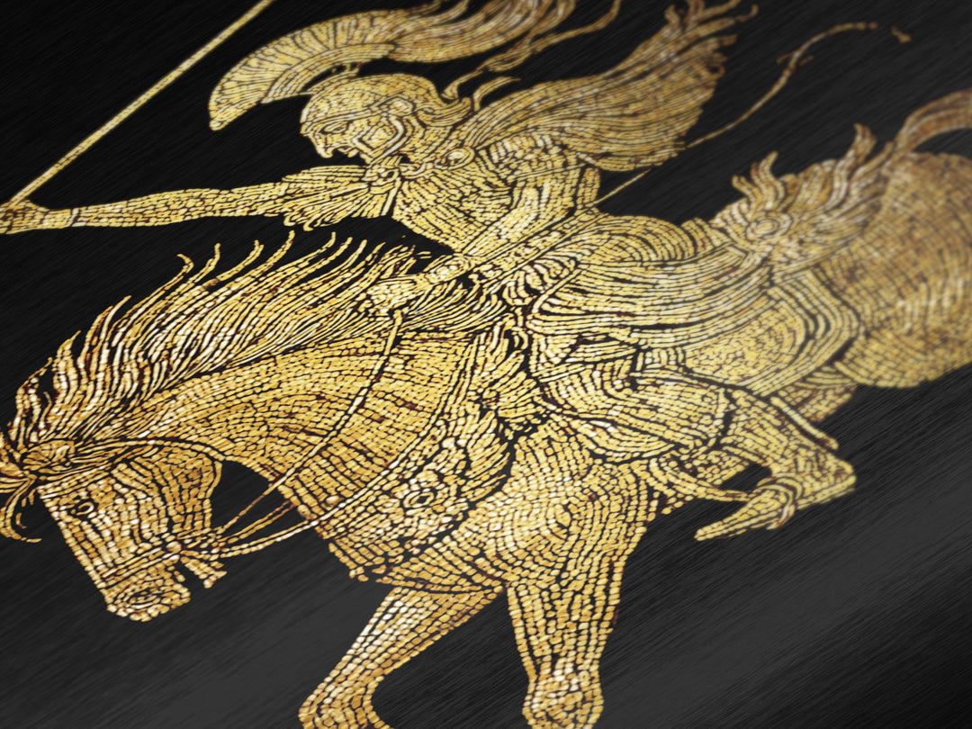 Ancient Warrior on Horseback Metallic Gold Metal Print – Greek Mythology Spear Rider, Real Wood Frame Classical Wall Art