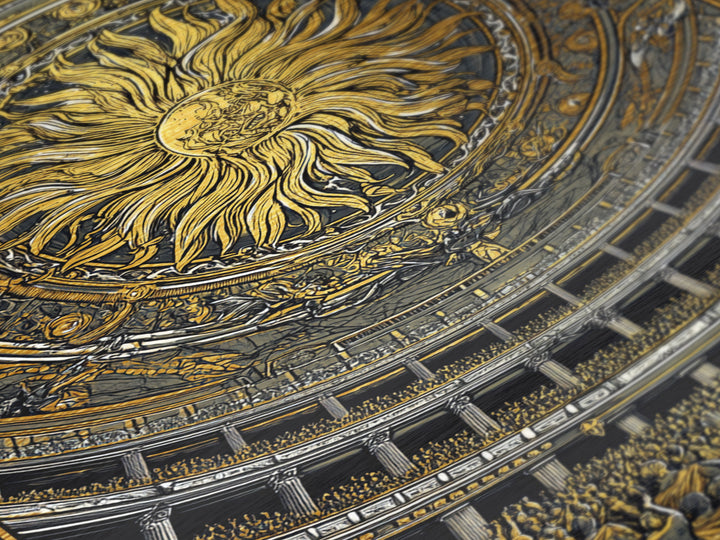 Grand Sun Ceiling Metallic Gold Metal Print – Ornate Mythological Dome Artwork, Real Wood Frame Classical Architectural Wall Art
