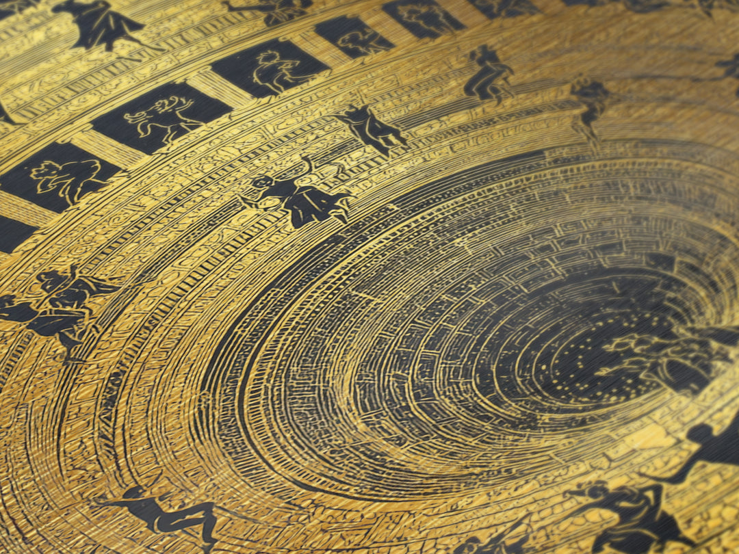 Mythic Underworld Descent Metallic Gold Art – Spiraling Figures in Ancient Pit Design, Real Wood Frame Fantasy Wall Décor