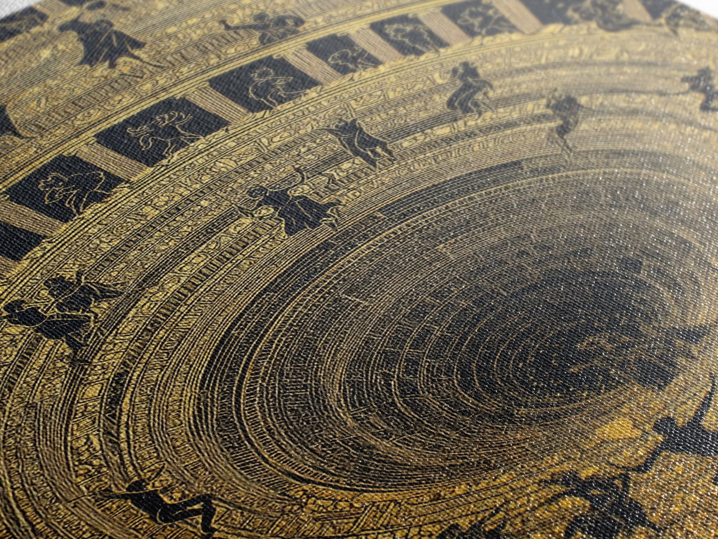 Mythic Underworld Descent Canvas Gold Art – Spiraling Figures in Ancient Pit Design, Real Wood Frame Fantasy Wall Décor