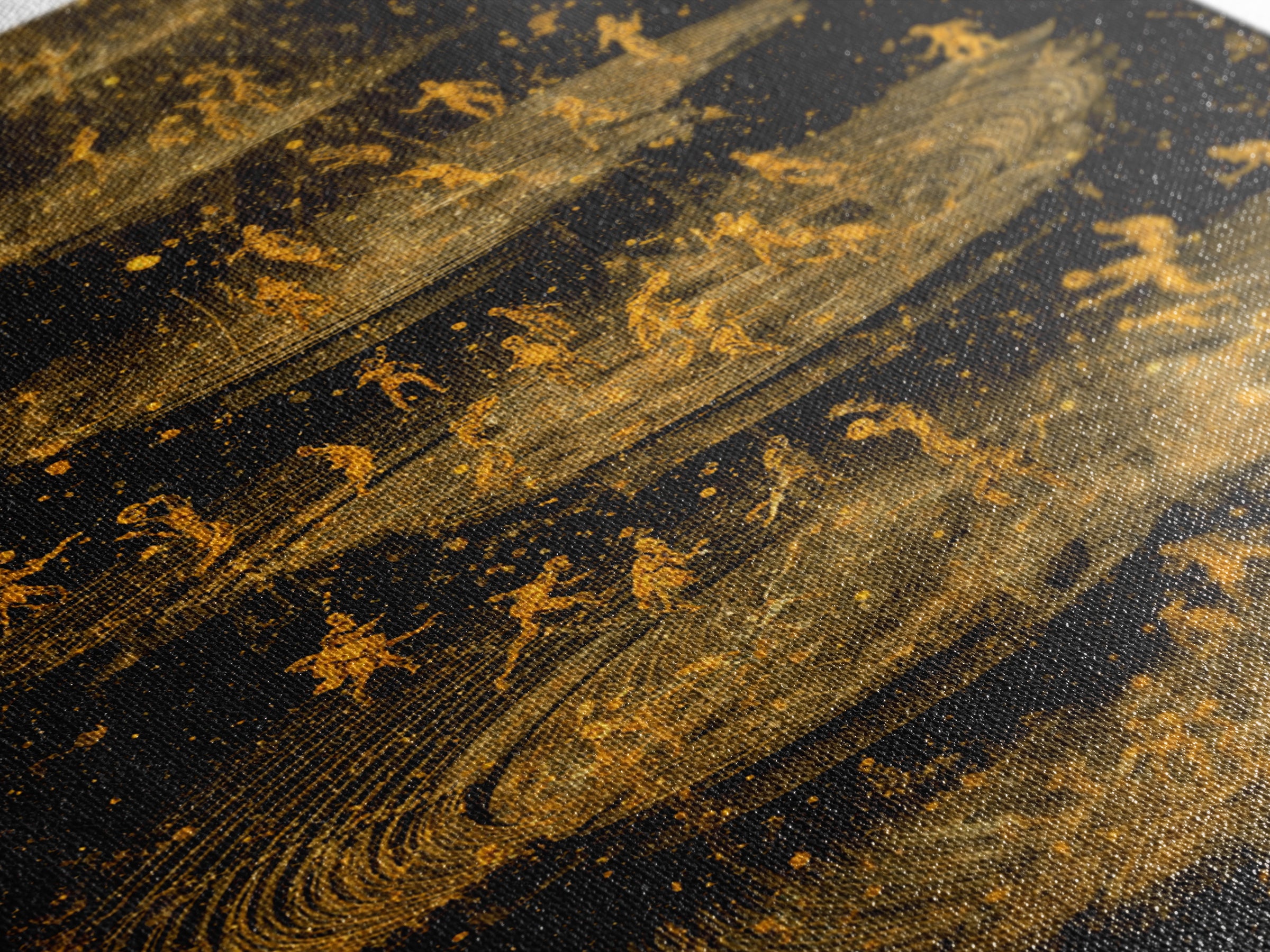 Celestial Battle Layers Canvas Gold Canvas Print – Mythological Figures Across Cosmic Rings, Real Wood Frame Fantasy Art