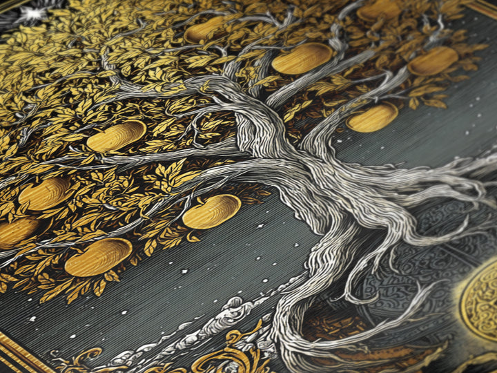 Tree Of Life Artwork, Mythical Golden Tree Wall Art, Metallic Gold Metal Print, Real Wood Frame, Sacred Symbol Decor