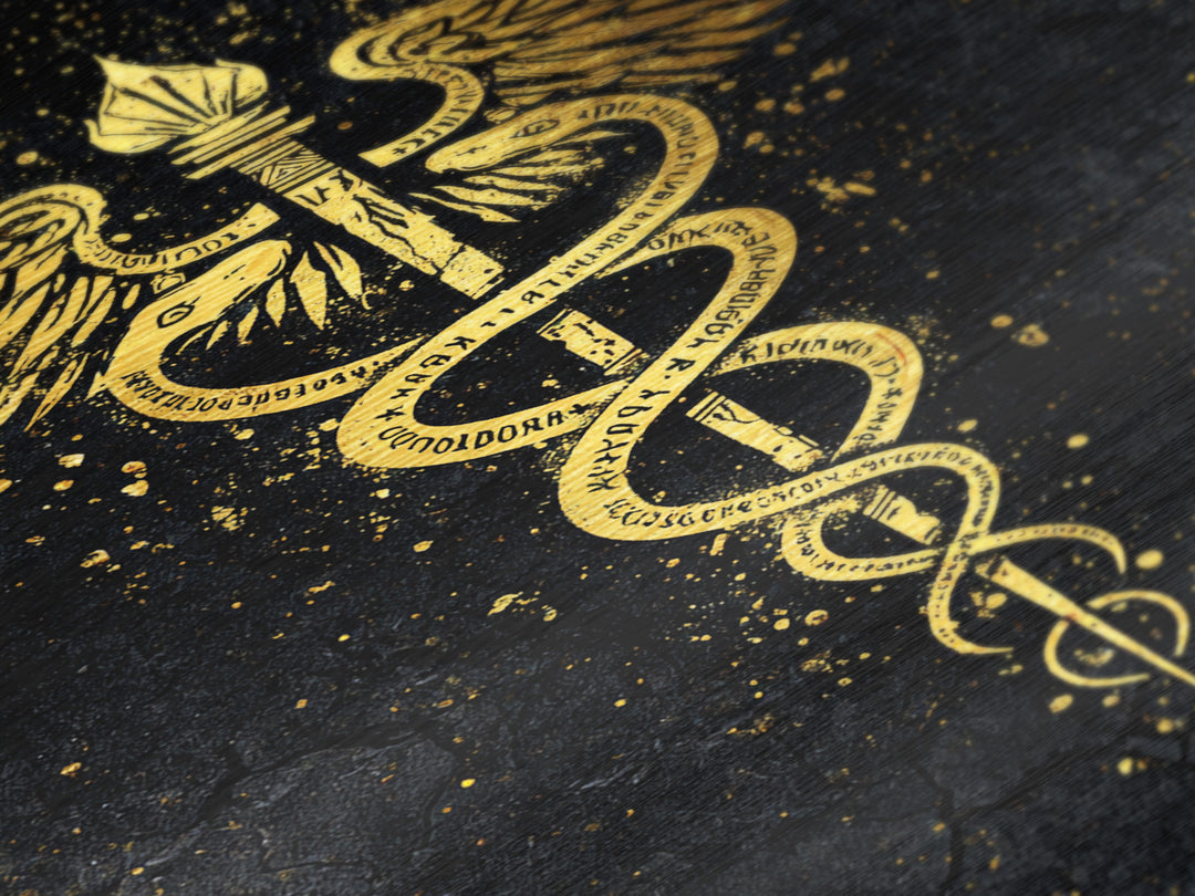 Caduceus Symbol Wall Art, Serpent And Wings Medical Symbol Artwork, Metallic Gold Metal Print, Real Wood Frame Decor