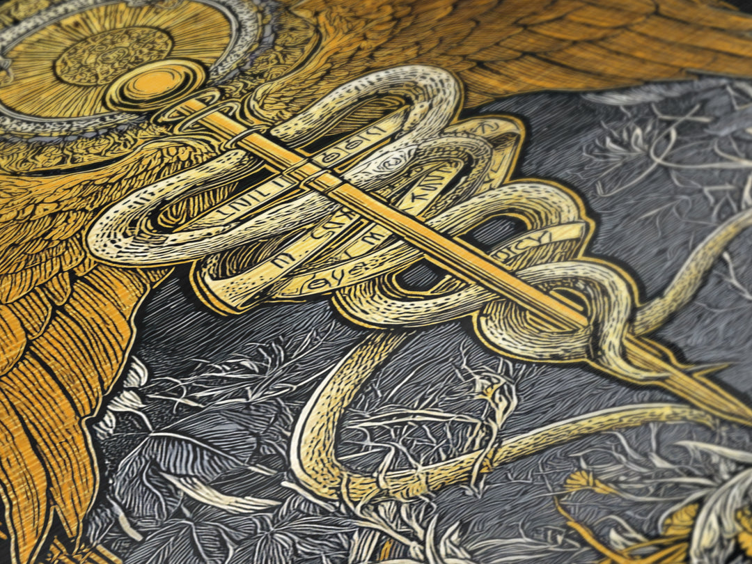 Ornate Medical Symbol Artwork, Caduceus Wall Decor With Wings And Serpents, Metallic Gold Metal Print, Real Wood Frame