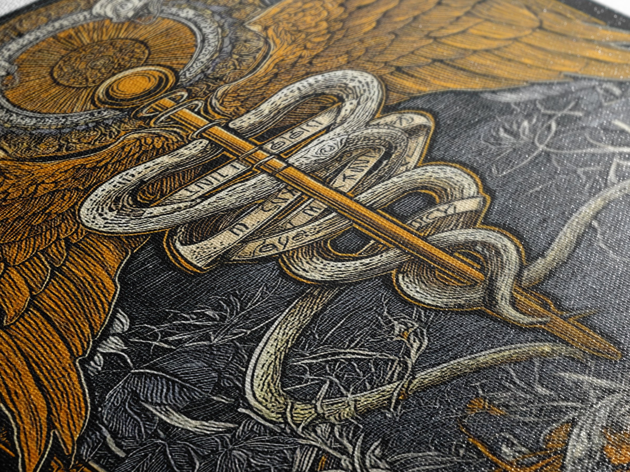 Ornate Medical Symbol Artwork, Caduceus Wall Decor With Wings And Serpents, Canvas Gold Canvas Print, Real Wood Frame