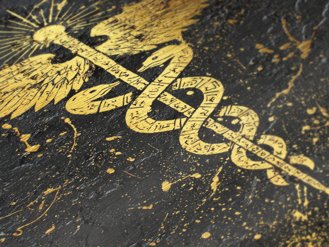 Ancient Caduceus Symbol Art, Golden Serpent And Staff Artwork, Metallic Gold Metal Print, Real Wood Frame Wall Decor