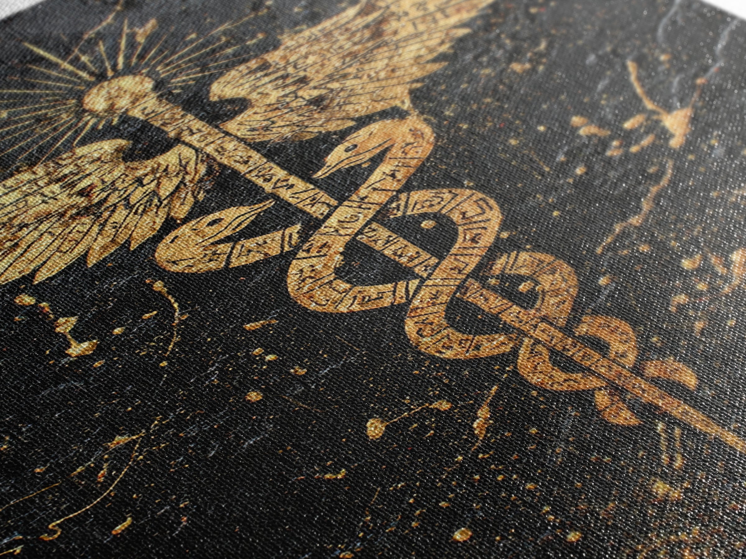 Ancient Caduceus Symbol Art, Golden Serpent And Staff Artwork, Canvas Gold Canvas Print, Real Wood Frame Wall Decor