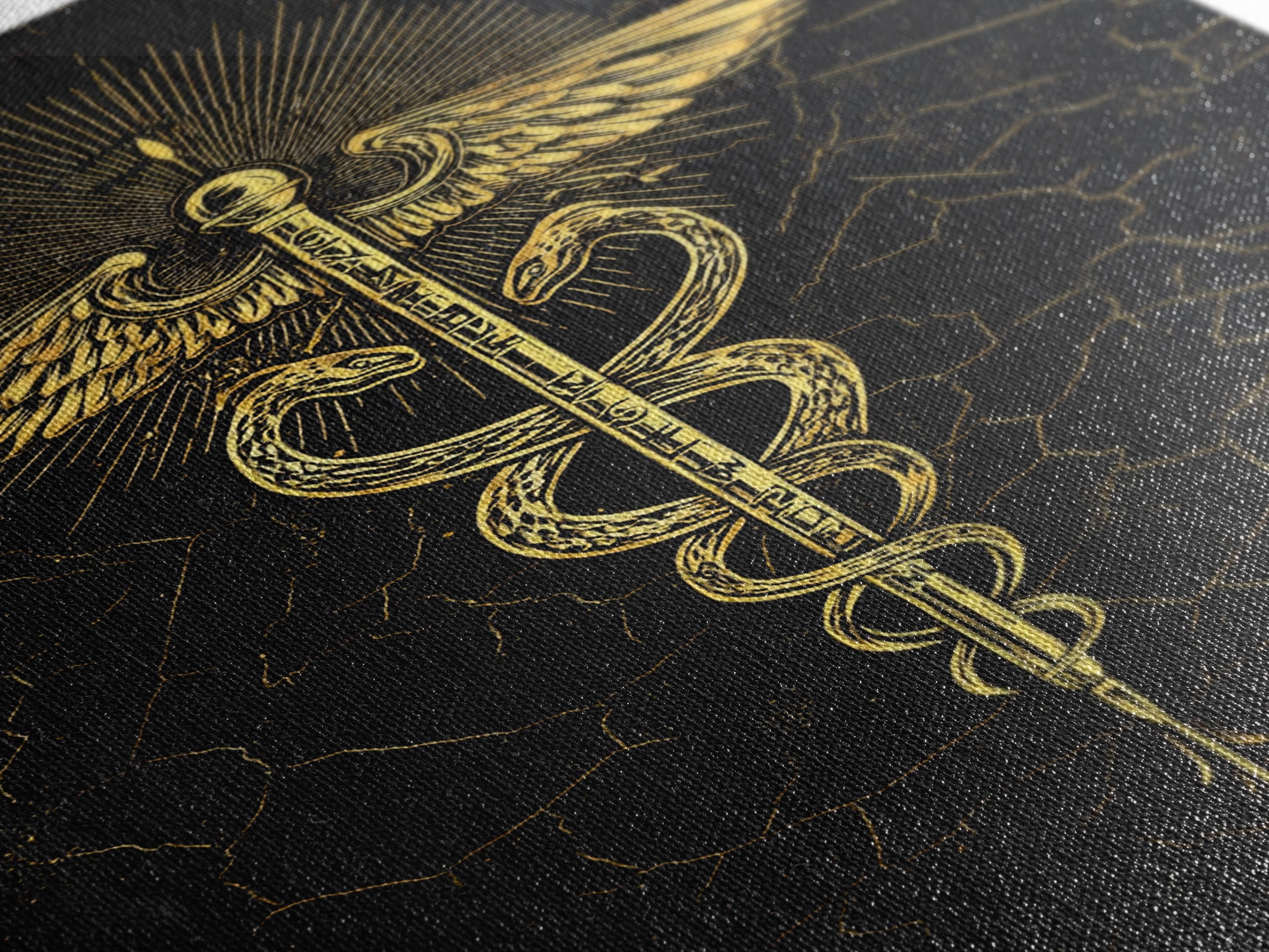 Radiant Caduceus Symbol Wall Art, Serpent And Winged Staff Artwork, Canvas Gold Canvas Print, Real Wood Frame Decor