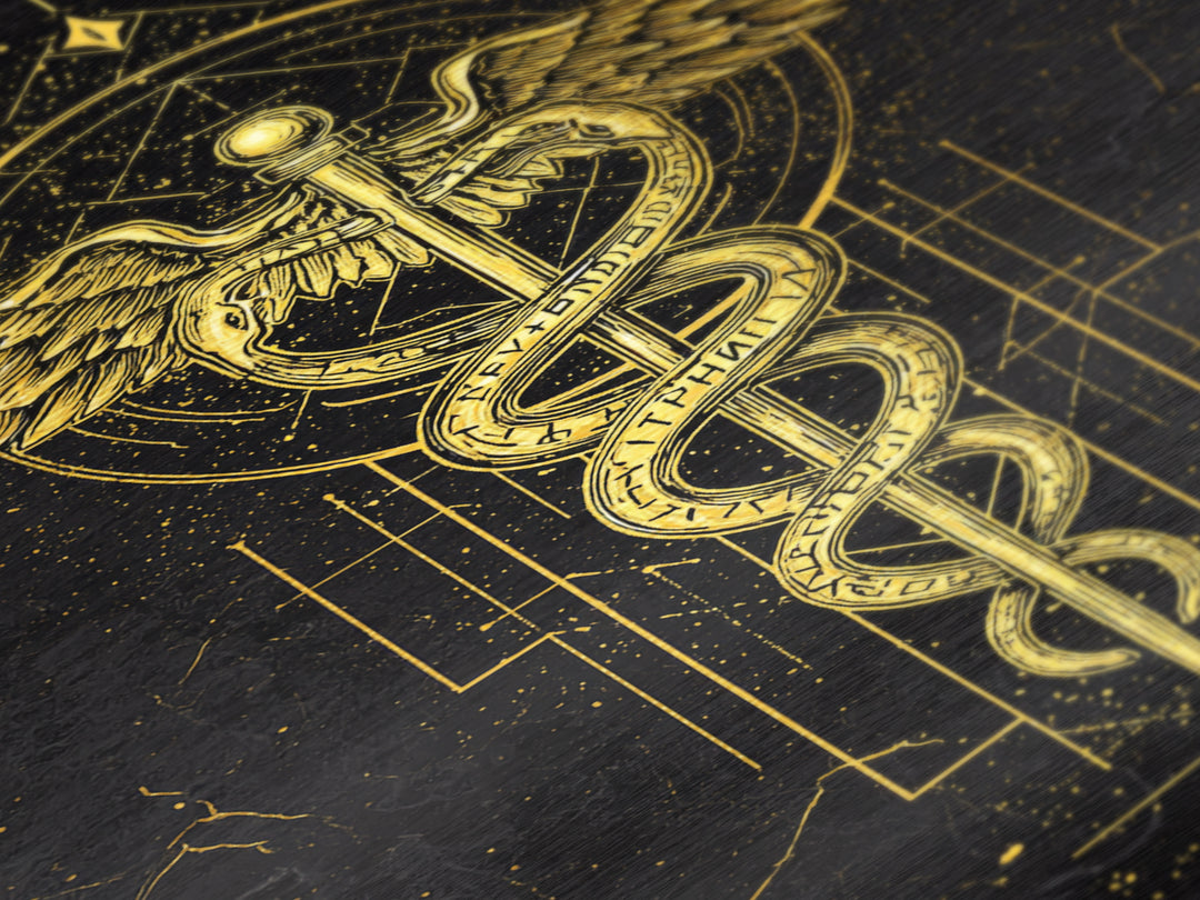 Geometric Caduceus Symbol Artwork, Sacred Serpent And Staff Wall Art, Metallic Gold Metal Print, Real Wood Frame Decor